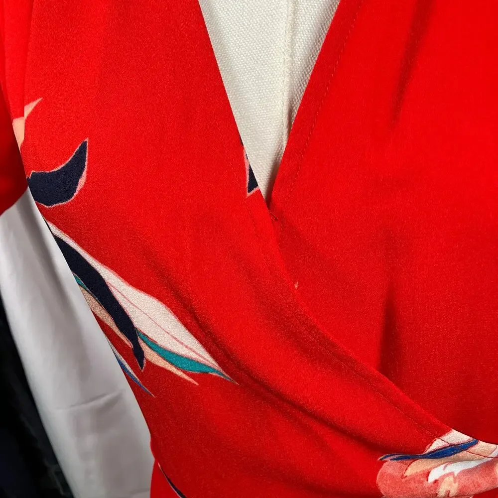A New Day Red Floral Wrap Midi Dress XS Blue Pink‎ Tie Waist Short Sleeve New